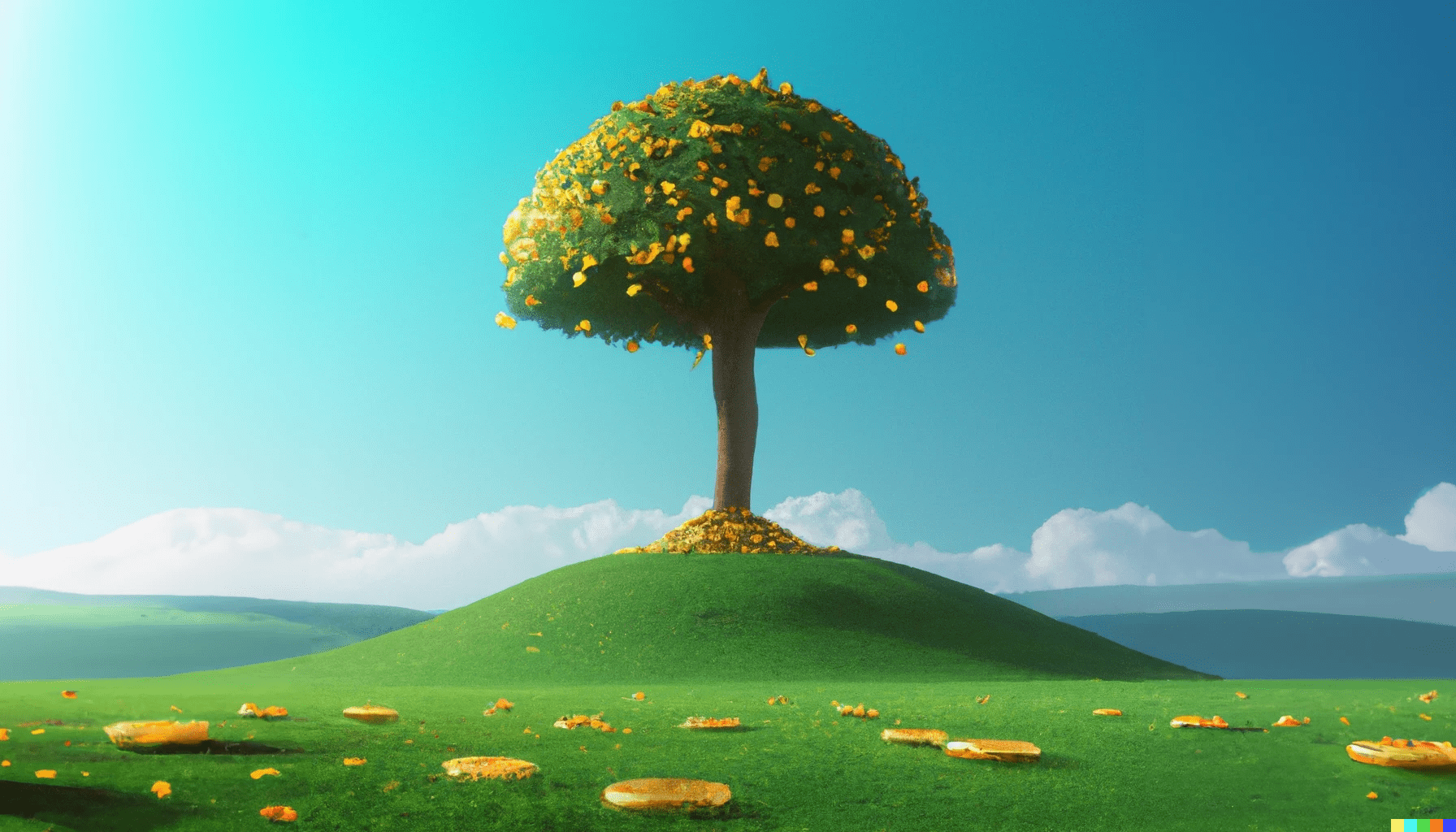 Zeichnung eines Baums auf einem Hügel mit goldenen Münzen als Blätter